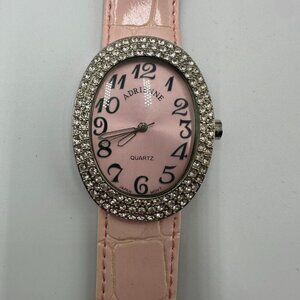 Adrienne Watch Women Silver Tone Pink Oval Dial Crystal Bling New Battery 9"